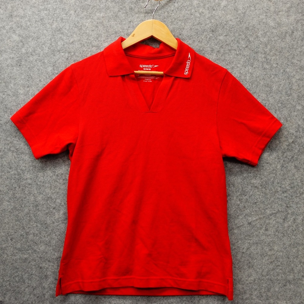 Womens Pique Knit Polo Shirt M Red Johnny Collar SPEEDO Logo Lifeguard Swim Pool